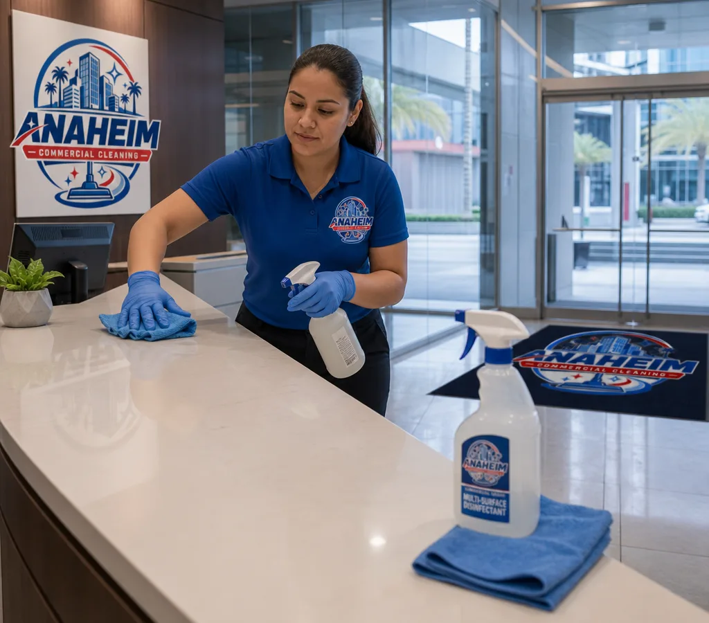 Professional cleaner wiping a reception counter and disinfecting high-touch points in a modern Anaheim office lobby after hours
