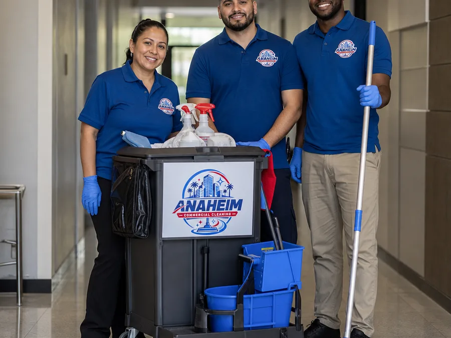 Commercial cleaning crew with a janitorial cart in a professional building